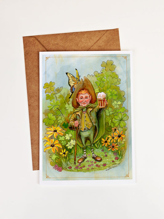 Leprechaun Greeting Card. Cheers. Celtic Myth Art Card. StPatricks Day Holiday. Celtic Mythical Folk. Pagan Art. Blank Stationary Pen Pal