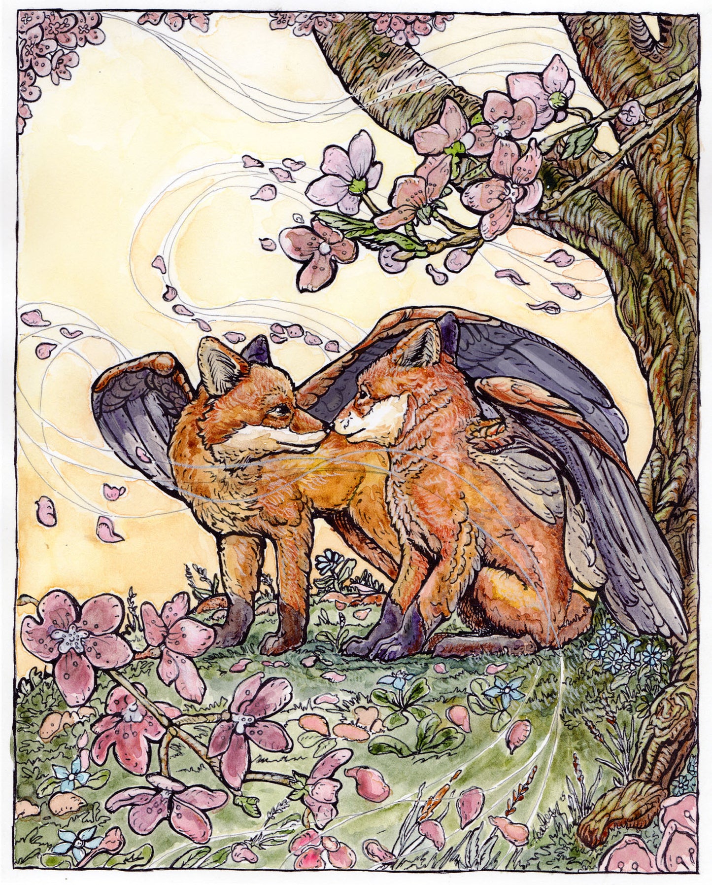 Spring Sakura Blossom with Fantasy Flying Fox- Whisper and Wind, Gift for Fantasy Lover, Whimsical Art Gift