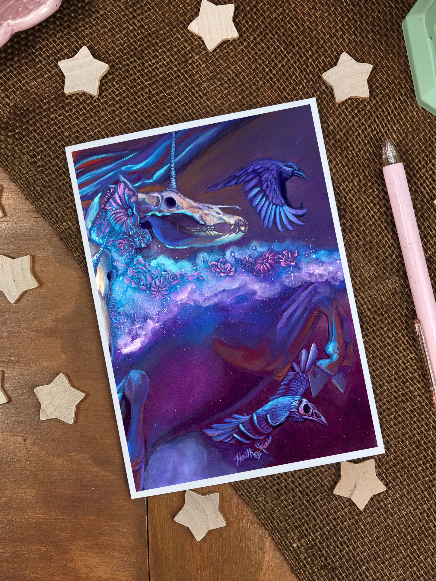 Dark Fantasy Art Greeting Card-Skeleton Unicorn Pagan Art- Noir Fantasy Creature- Halloween Stationary for Goths-Witchcore-Dark Nature Magic-Wicca