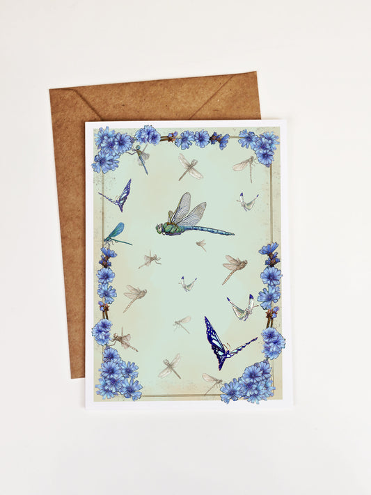 Dragonfly and Chicory Flower Greeting Card | Whimsical Cottagecore Stationery | Blank Botanical Note Card, Wildflower Art, Kraft Envelope