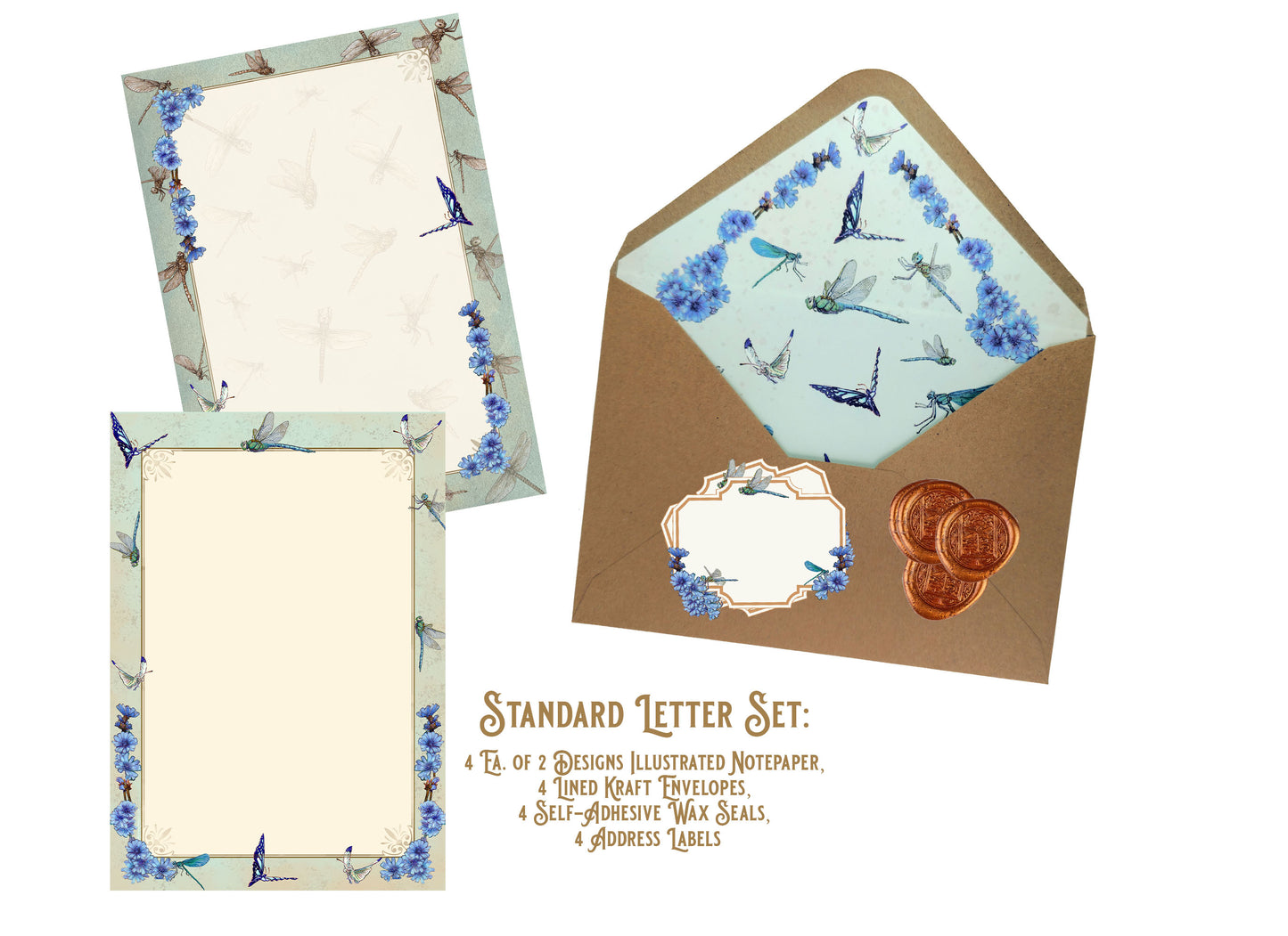 Dragonfly and Chicory Stationery Set - Botanical Nature Journal Letter Writing Kit - FSC Paper