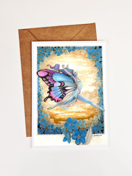 Fairycore Greeting Card. Forget-Me-Not Flower Fairy. Fantasy Creature. Whimsical Fairy Forest. Fairy Lover Pen Pal. Blank Art Card