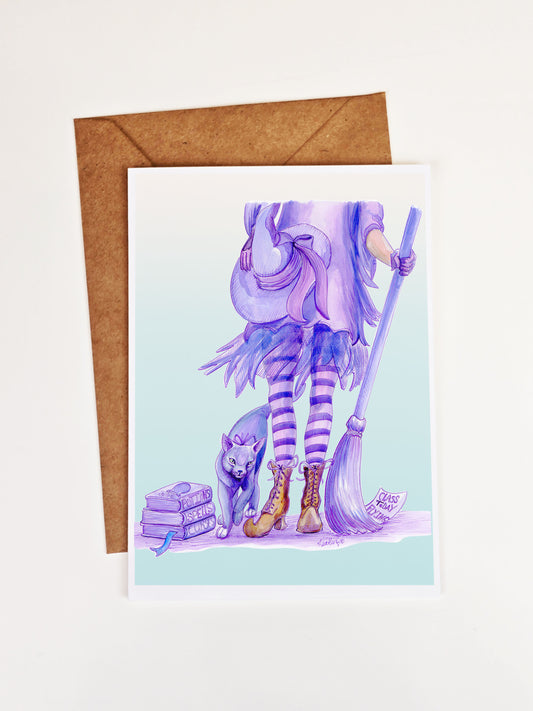 Witchcore Greeting Card- Purple witch and cat with broom-Halloween-Dark academia Art Card-Halloween Witch-Pagan Pen Pal-Kawaii Witch-Magical Back to School Witchcraft