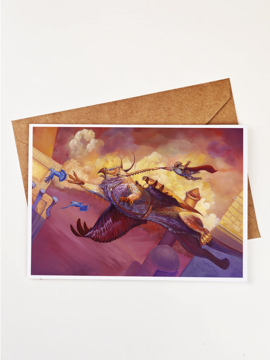 Magic Style Greeting Card- Gryphon Rider- Hang in There- D and D Aesthetic Blank Card- World of Warcraft Style Blank Art Card-Gamer Pen Pal