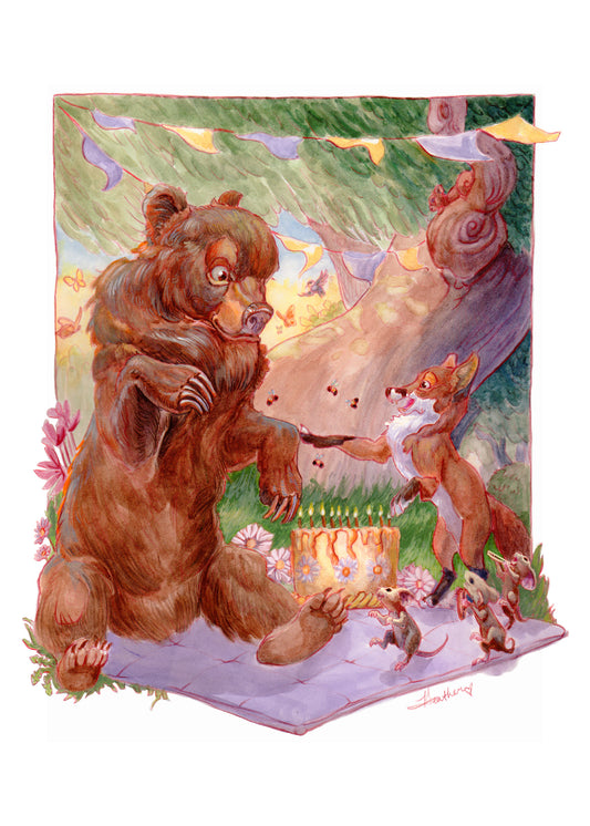 Original Art: Happy Birthday Bear Painting | 11x14 Gouache Watercolor | Beatrix Potter Style Woodland Animal