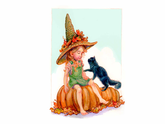 Original Art: Harvest Witch Painting 9x12 | Green Witch Watercolor Gouache | Beatrix Potter Garden Art