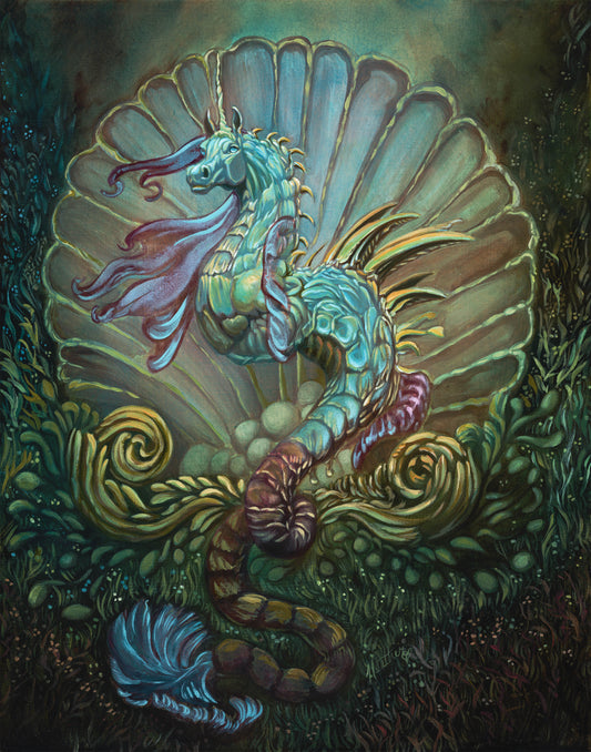 Fantasy Art Print. Poseidon's Hippocampus. Unicorn Seahorse. Sea Creature. Mythical Creature. Greek mythology