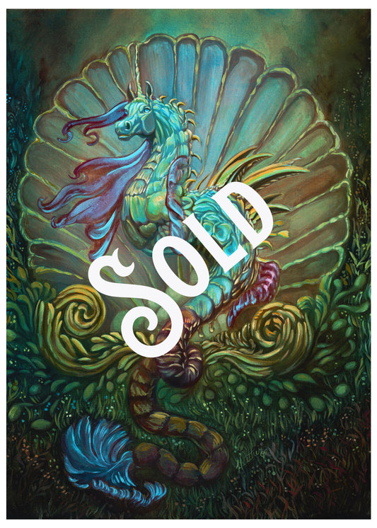 "Unicorn Hippocampus" - Original Acrylic Ink Painting, Mythical Creature Art, Poseidon's Steed, 11x14