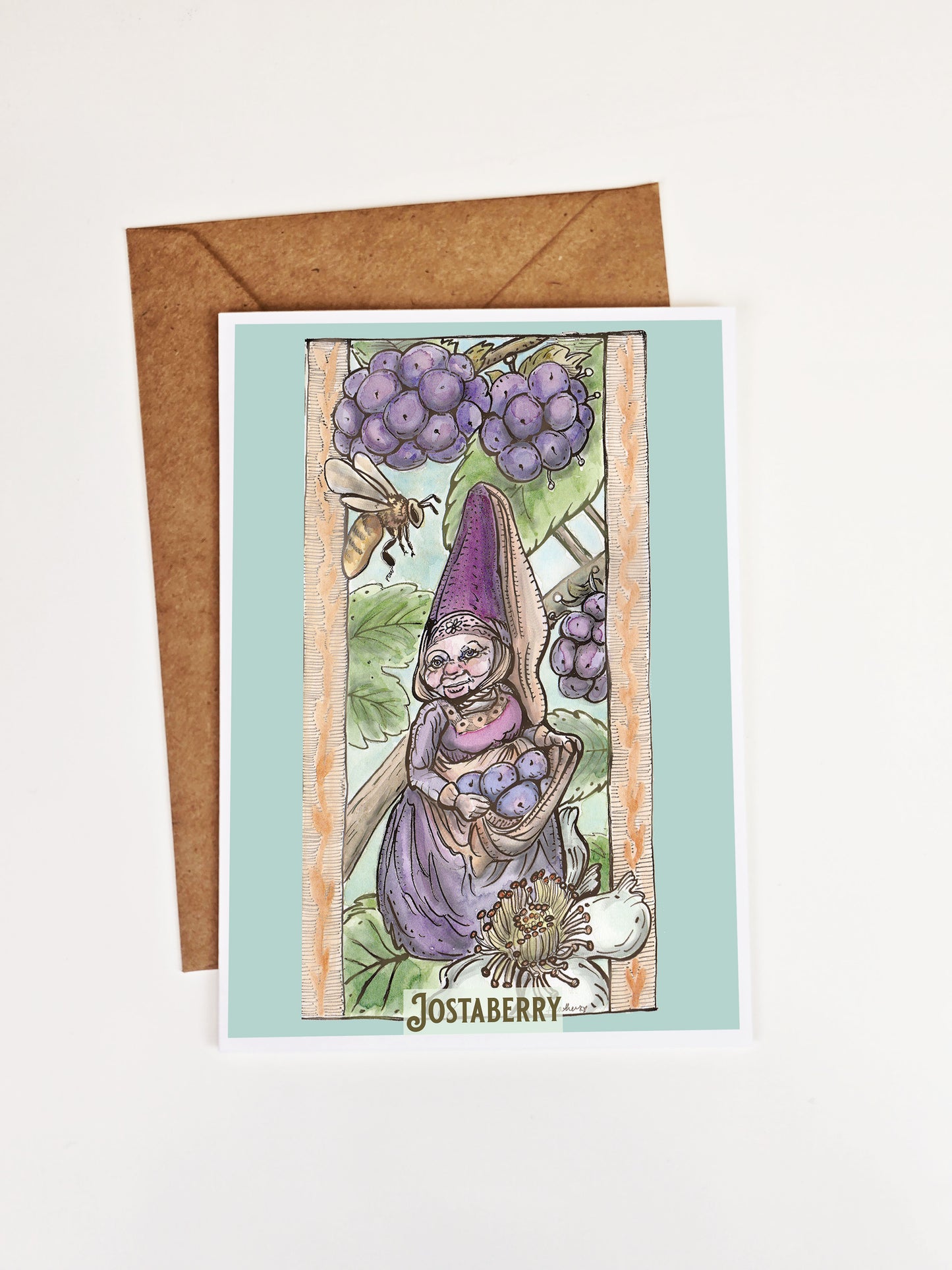 Jostaberry Gnome Card - Berry Cottage Lady, Watercolor, Pen & Ink, 5x7 Archival Print, Garden Art, Kraft Envelope, Garden Gnome Watercolor
