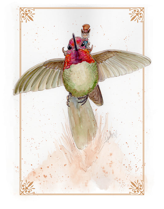 Fantasy Art Print. Ladie's Men. Fairycore. Hummingbird. Fantasy Garden. Faerie.