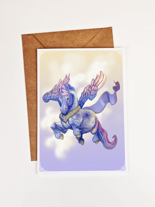 Pegasus Horse Greeting Card. Lavender. Kawaii Flying Horse. Greeek Mythological Creature. Mythical Horse. Pagan Art. Stationary Pen pal