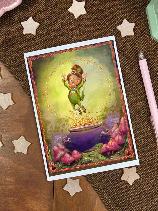 Fantasy Greeting Card. Lucky Leprechaun Art. St Patrick's Day.  Mythological Creature. Irish Folktale. Pagan Art. Stationary. Pot of Gold