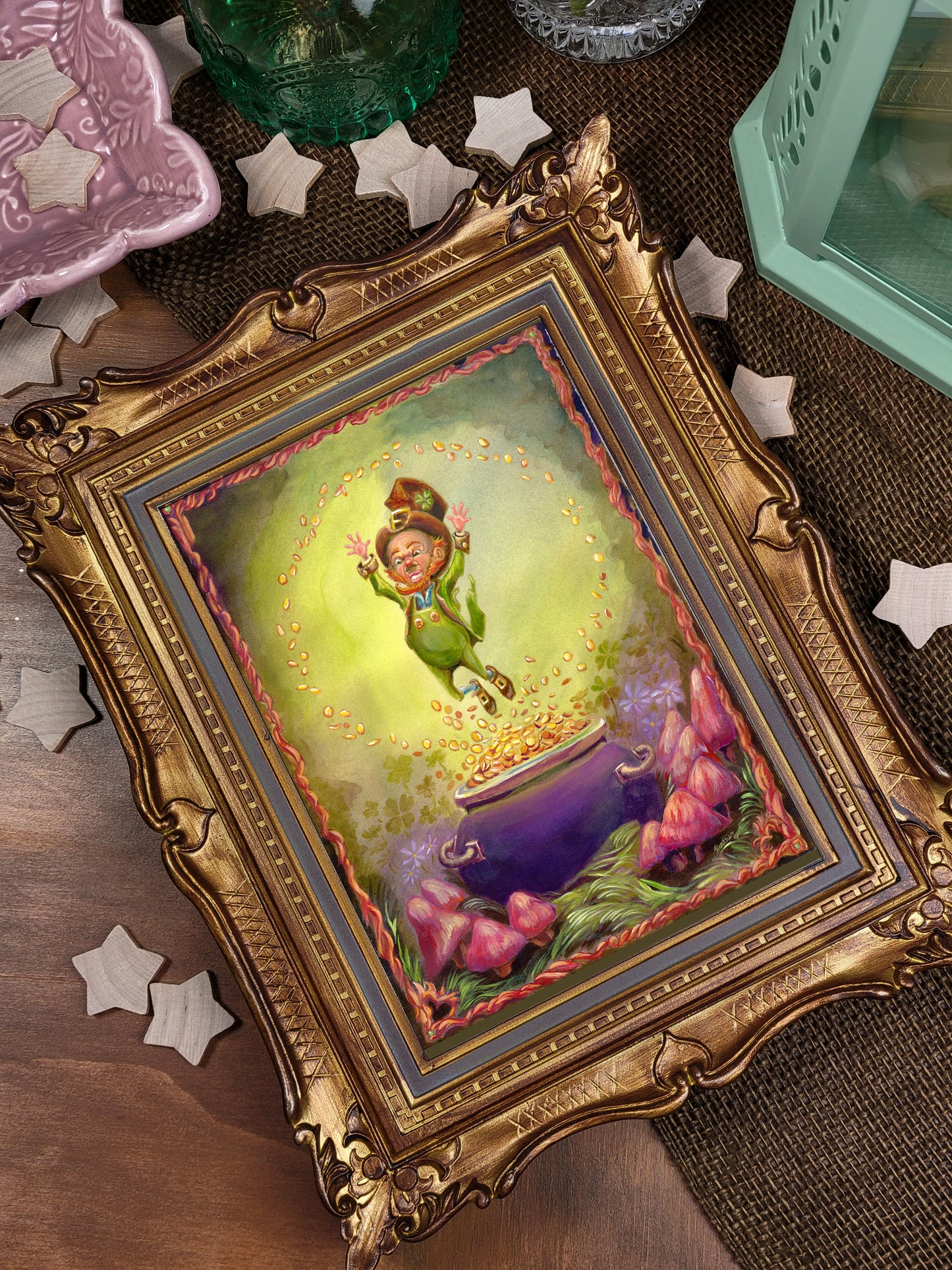 Fantasy Greeting Card. Lucky Leprechaun Art. St Patrick's Day.  Mythological Creature. Irish Folktale. Pagan Art. Stationary. Pot of Gold
