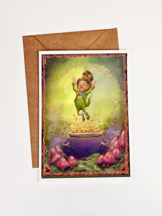 Fantasy Greeting Card. Lucky Leprechaun Art. St Patrick's Day.  Mythological Creature. Irish Folktale. Pagan Art. Stationary. Pot of Gold