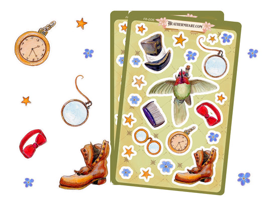 Dapper Hummingbird Sticker Sheet | Whimsical Gentleman Animal Stickers | Steampunk Journaling Stickers