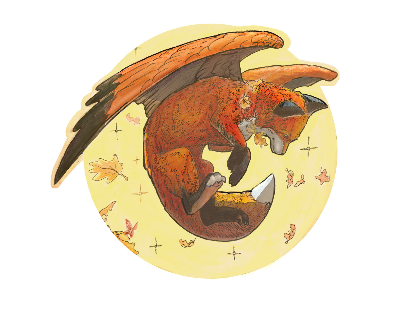 Playful Autumn Fox Die Cut Sticker. Woodland Fantasy Flying Fox, Magical Creature decal, Falling leaves Nature Sticker