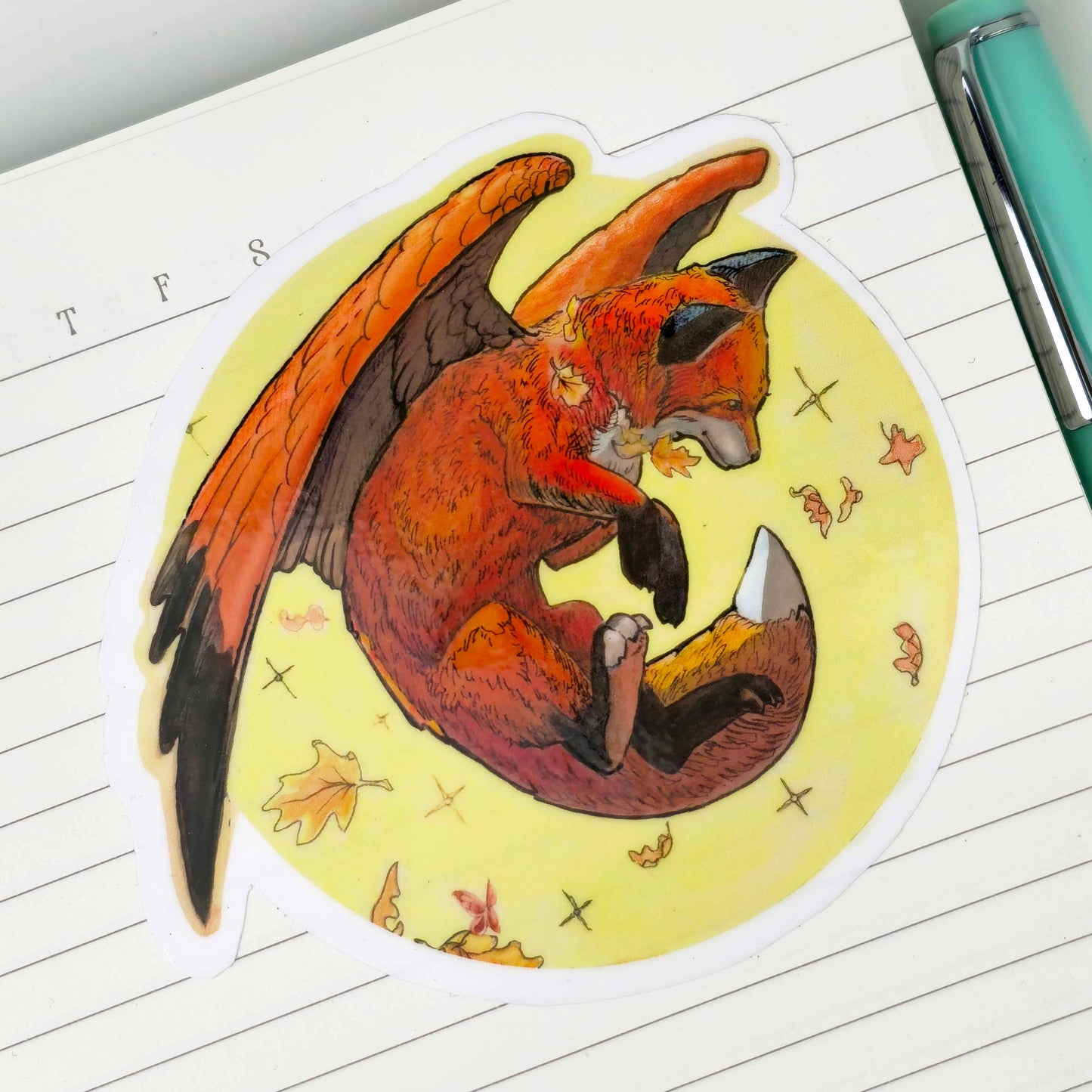 Playful Autumn Fox Die Cut Sticker. Woodland Fantasy Flying Fox, Magical Creature decal, Falling leaves Nature Sticker