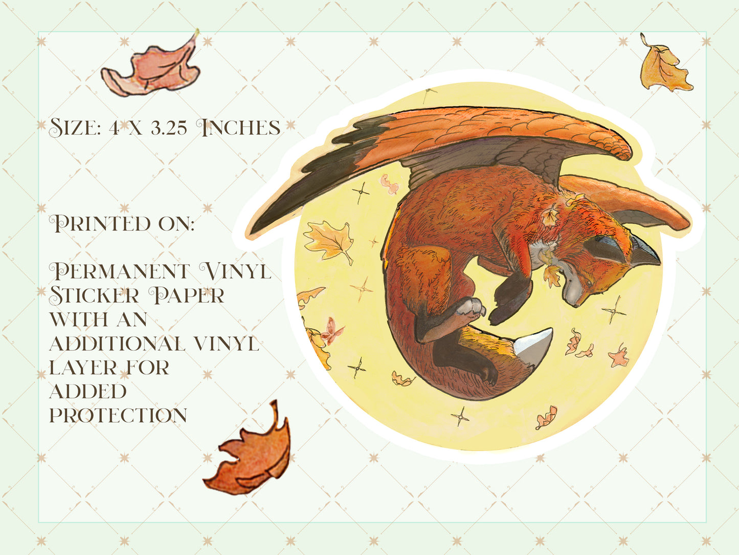 Playful Autumn Fox Die Cut Sticker. Woodland Fantasy Flying Fox, Magical Creature decal, Falling leaves Nature Sticker