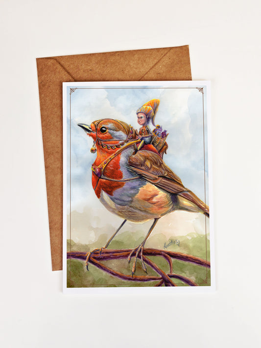 Fairy Art Greeting Card. Robin Rider. Mother's Day Gift. Fairy Garden. Faeries. Stationary. Garden Gnome. fantasy forest.