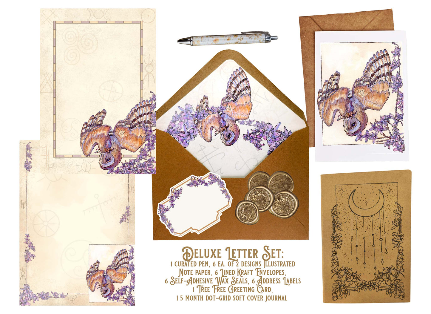 Barn Owl & Shamanic Runes Letter Writing Set - FSC Paper Fantasy Art Stationery Kit