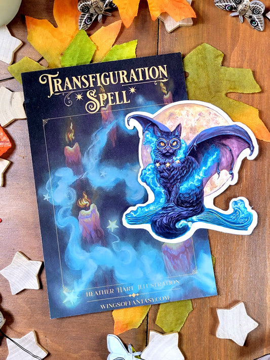 Sticker: Transfiguration Spell. Dragon Cat. Bat Cat Matte Vinyl Water Resistant Die Cut. Laptop. Journal. Magic. Witchcore. Witchy Aesthetic