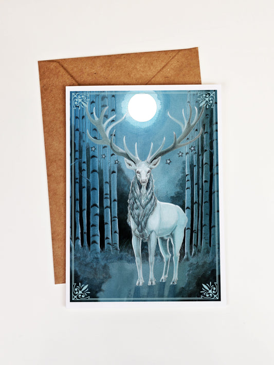 White Stag Greeting Card. White Hart. Mystic Moon Spirit Animal. Pagan Pen Pal. Goddess Diana. Fantasy Forest. Whimsical. Pagan Stationary