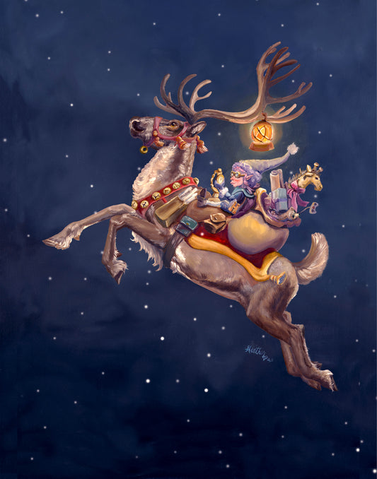 Fantasy Art Print. A Timely Delivery. Christmas Elves. Reindeer. Santa's Elf. Whimsical Fairy