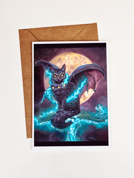 Fantasy Greeting Card. Witch Familiar. Witchcore.Spell Book.Pagan Art. Witchcore. Gothic style. Mabon.Halloween. Batwinged Cat. Dragonwing