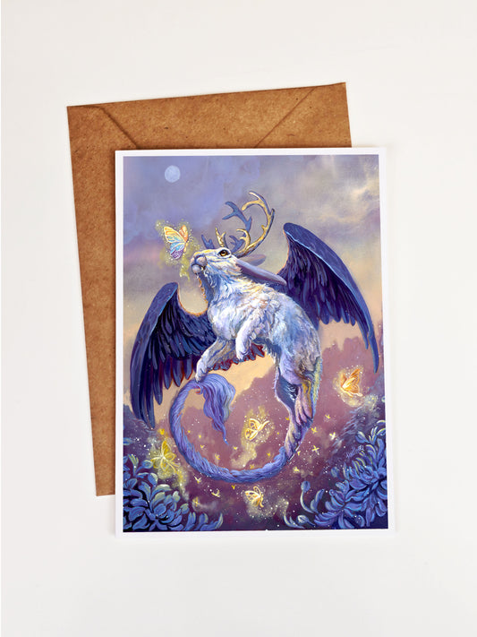 Fantasy Art Card-Wolpertinger-Blank Greeting Card-German Folk lore Mythology-Whimsical Winged Rabbit-Fantasy Creature Art-Mythical Creature