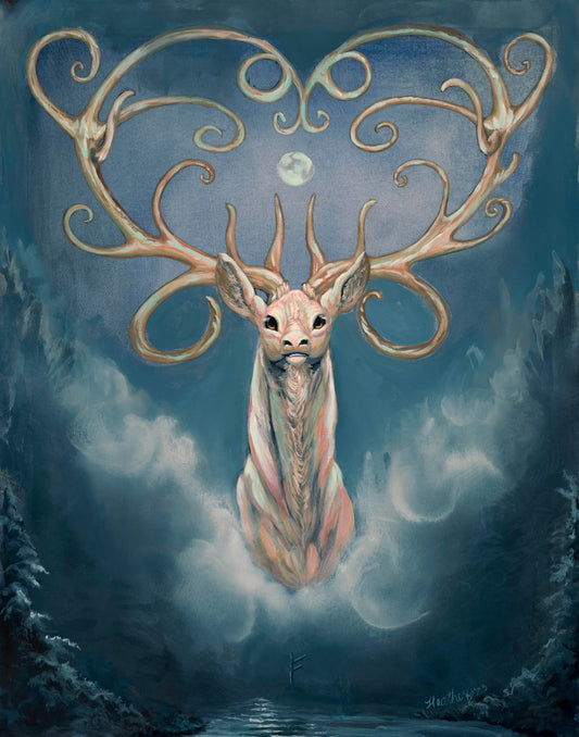Fantasy Art Print. Cernnunos. Yule. Spirit Animal. Wiccan Pagan. Winter Solstice. Fantasy Forest. Whimsical White Stag.