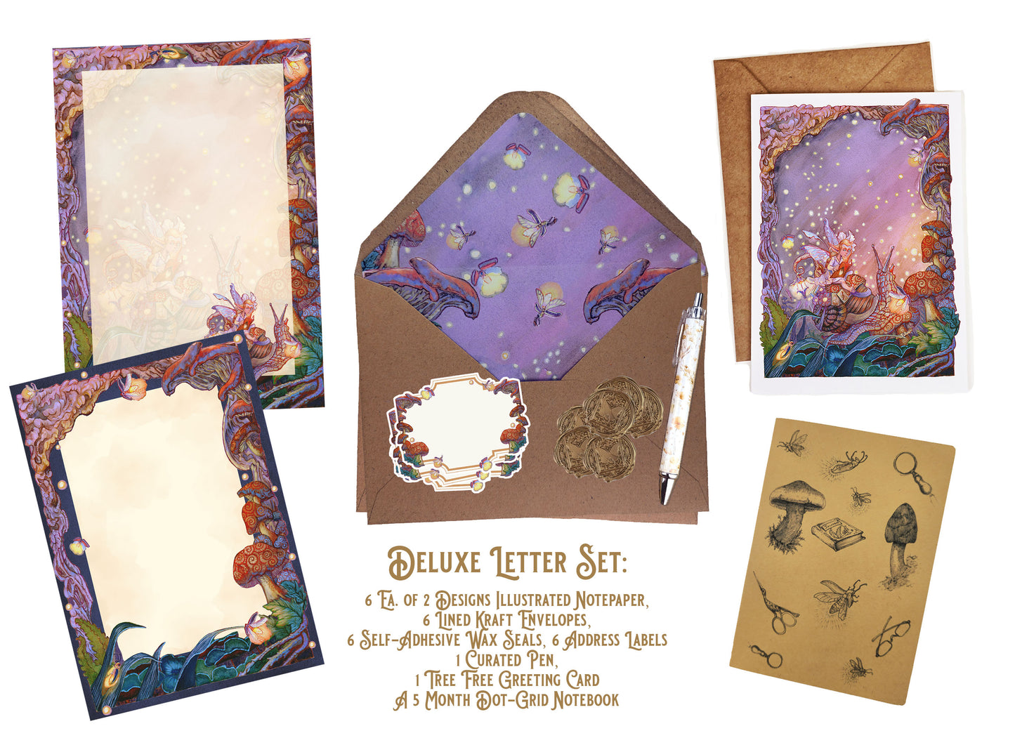 Whimsical Mushroom Stationery Set - Firefly Study Fairy Snail Cottagecore Writing Kit