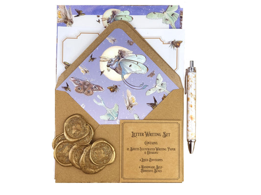 Lunar Moth Stationery Set | Fairy Letter Writing Kit | Celestial Notepaper with Wax Seals & Pen | Watercolor Fairy Art