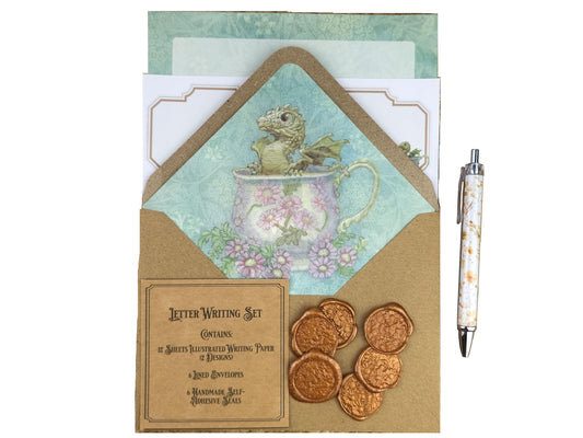 Baby Tea Dragon Stationery Set | Cottagecore Fantasy Notepaper with Address Labels & Pen | Dragon Lover Gift