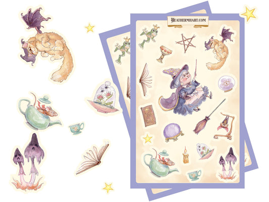 Topsy-Turvy Witch Sticker Set | Halloween Spooky Cute Stickers | Scrapbook Stickers | Cottagecore Sticker Sheet
