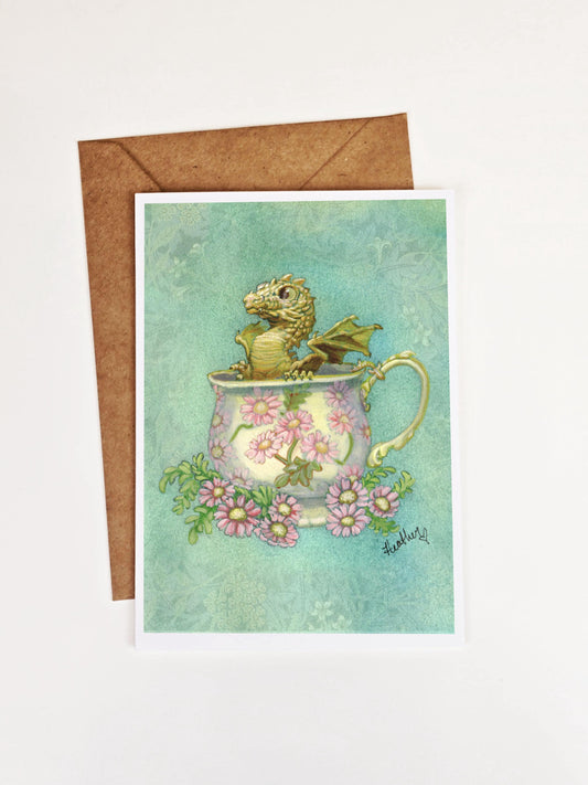 Golden Tea Dragon Greeting Card | Blank Note Card | Cottagecore Fantasy Art