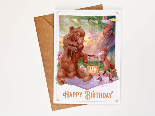 Happy Birthday Bear Greeting Card | Whimsical Bear & Fox Birthday Card | Woodland Animal Art