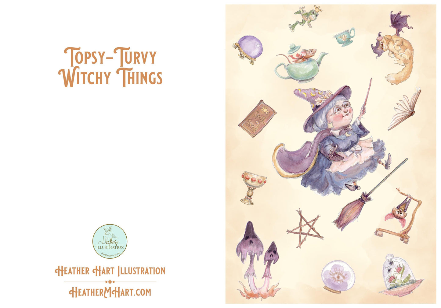 Whimsical Witch Greeting Card | Topsy-Turvy Fantasy Art Card | Magical Blank Note Card