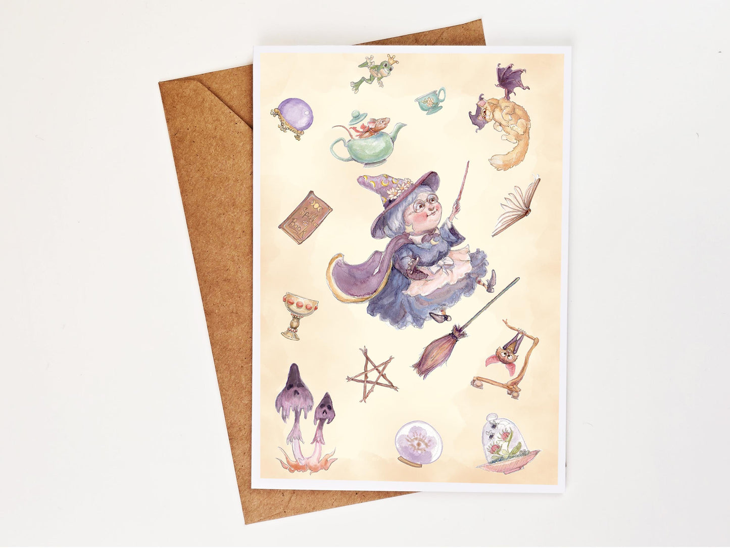 Whimsical Witch Greeting Card | Topsy-Turvy Fantasy Art Card | Magical Blank Note Card