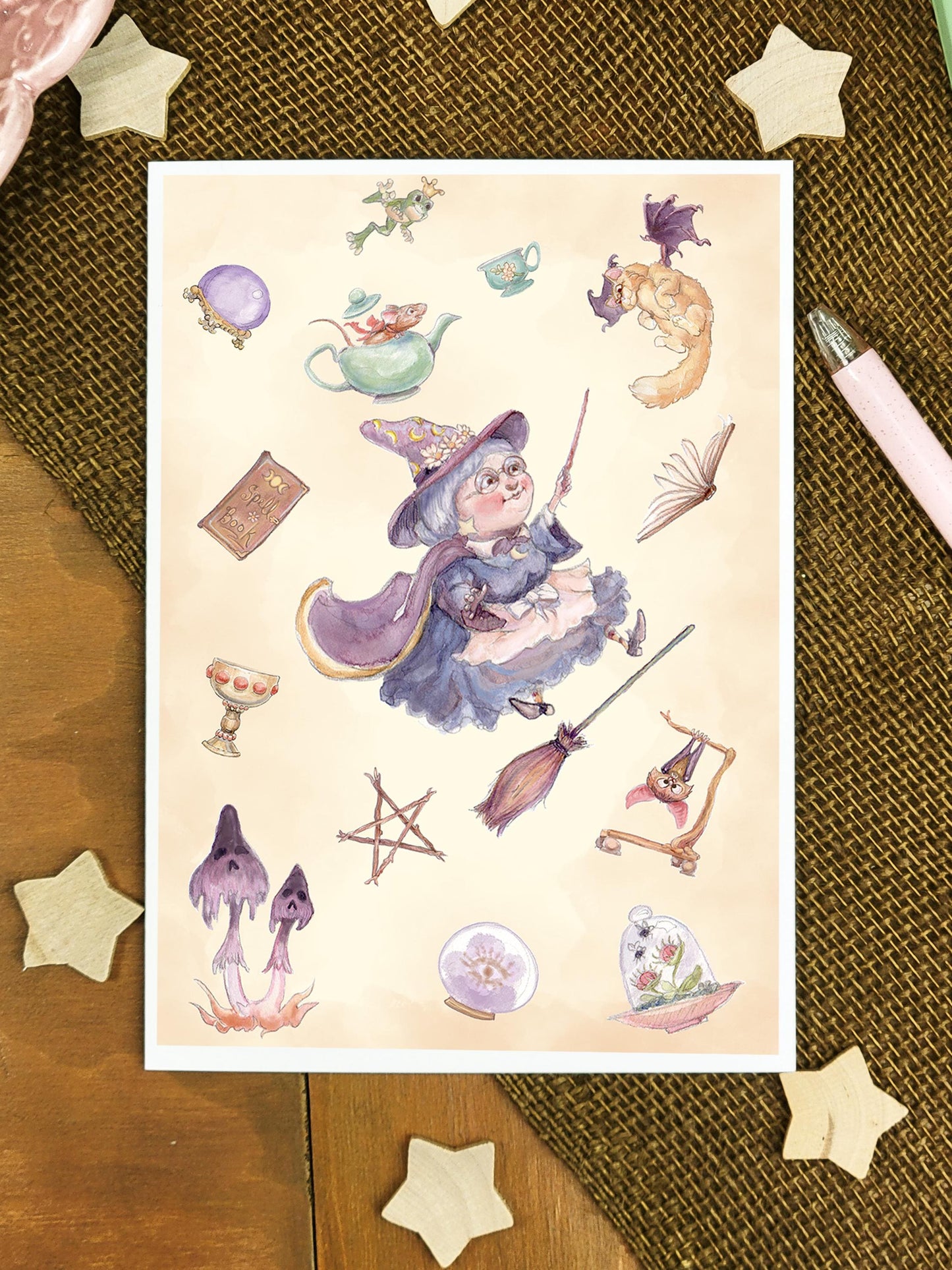 Whimsical Witch Greeting Card | Topsy-Turvy Fantasy Art Card | Magical Blank Note Card
