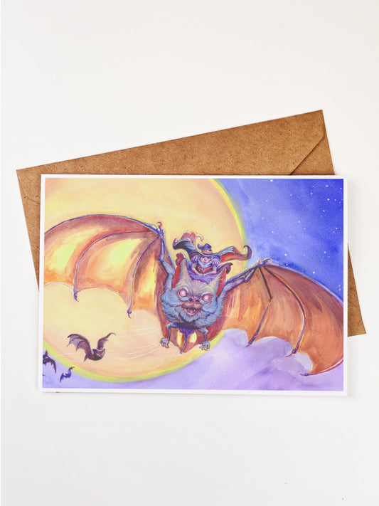 Little Witch Greeting Card | Witch Riding Bat Halloween Card | Spooky Cute Fantasy Art