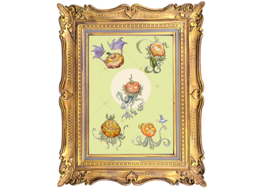 Pumpkin Creature Fantasy Art Print | Whimsical Watercolor Graphite Monster Set | 5x7 Harvest Decor
