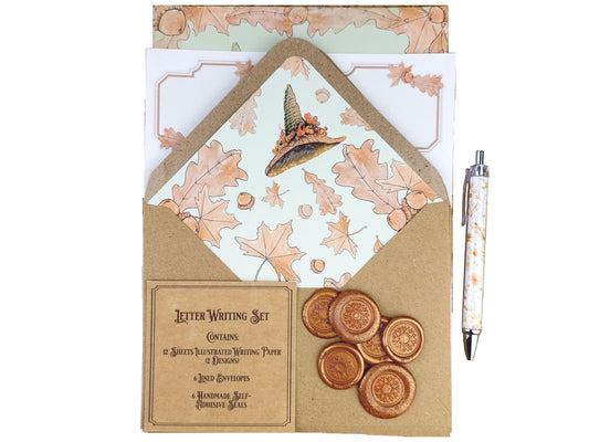 Harvest Witch Stationery Set | Autumn Witch and Cat Notepaper | Cottagecore Letter Writing Kit with Labels & Pen