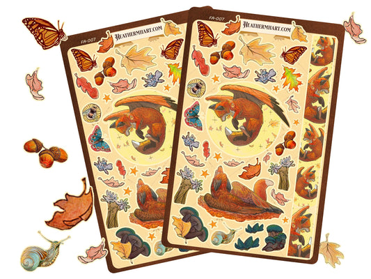 Fantasy Fox Stickers | Flying Fox Art Sticker Sheet | Cute Woodland Animal Decals | Autumn Lover Gift
