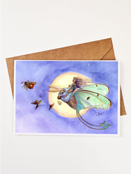 Lunar Moth Fairy Greeting Card | Blank Note Card | Celestial Fantasy Art Card