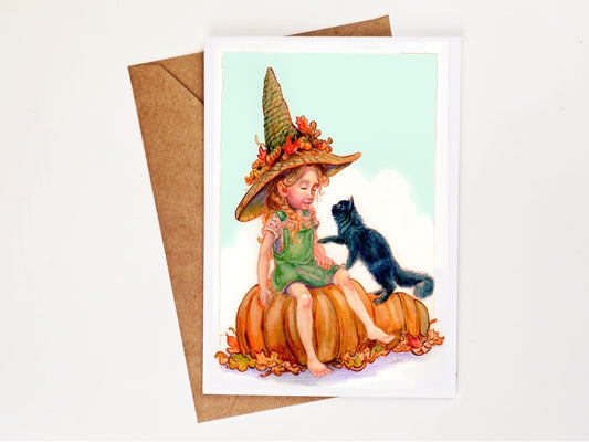 Harvest Witch Greeting Card | Autumn Witch and Cat Note Card | Spooky Cute Halloween Card