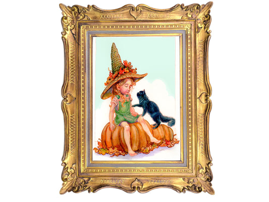 Little Harvest Witch & Familiar" Archival Art Print - Green Witch Garden Magic