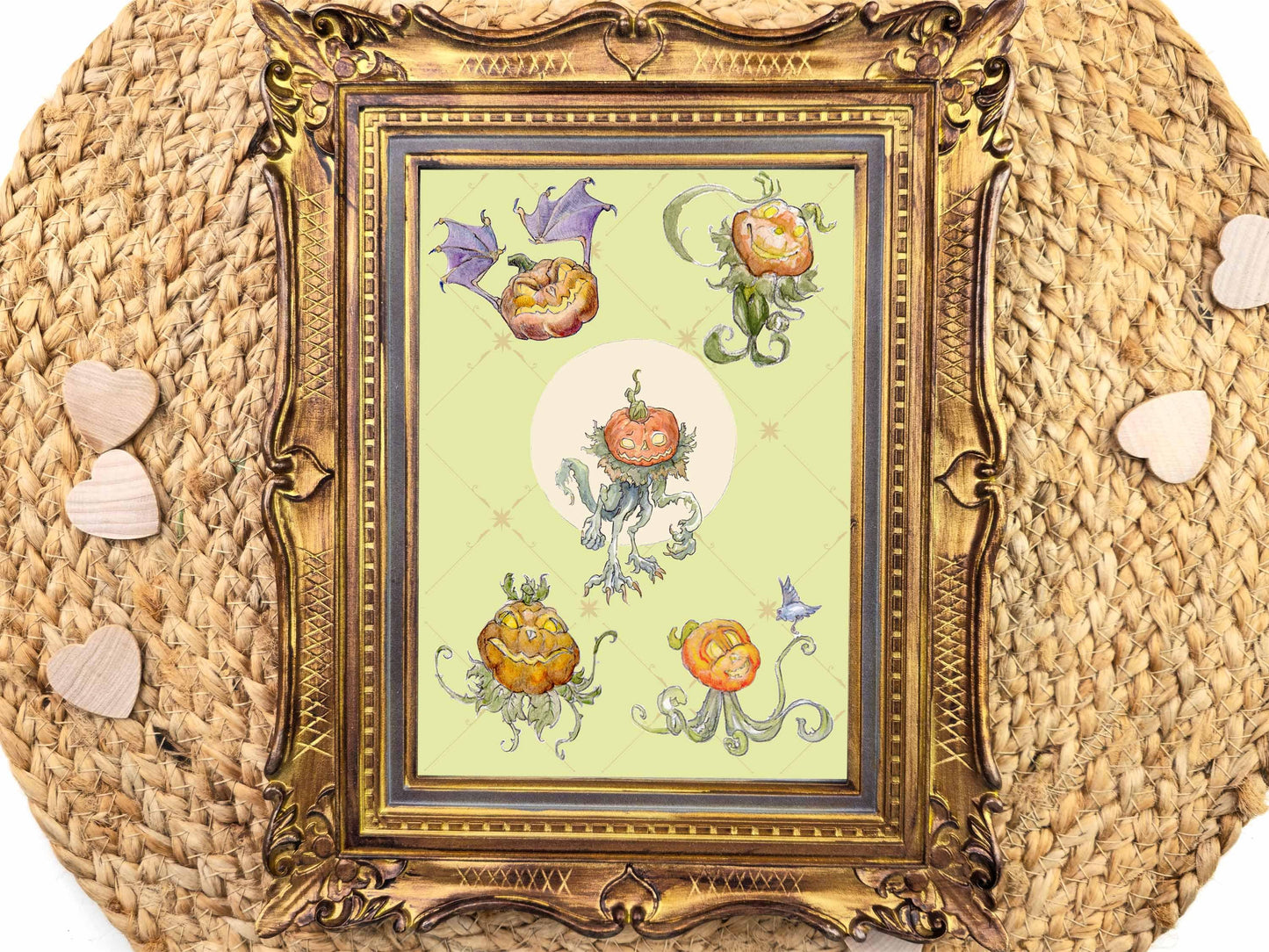Pumpkin Creature Fantasy Art Print | Whimsical Watercolor Graphite Monster Set | 5x7 Harvest Decor