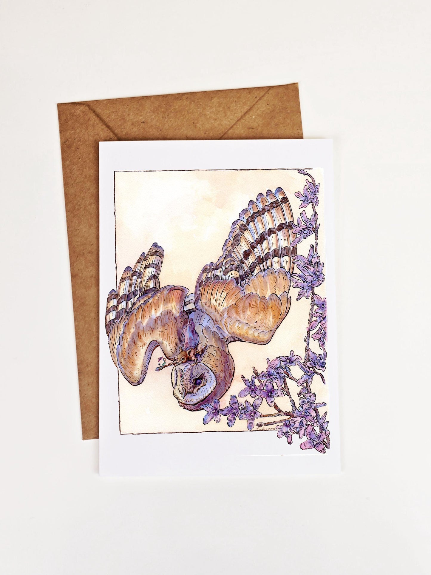 Dawn's Early Messengers Barn Owl Greeting Card-Fantasy Art Stationery-Tree-Free Cotton Paper-Whimsical Mouse Shaman & Pink Forsythia Art