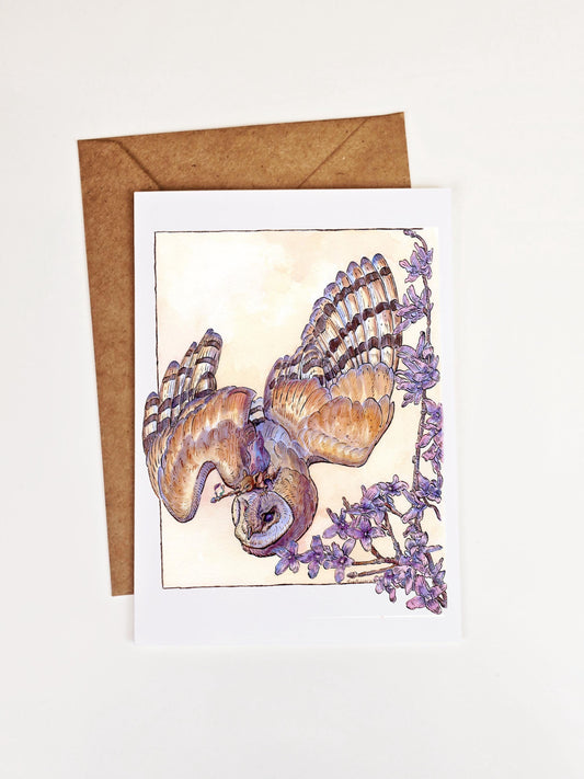 Dawn's Early Messengers Barn Owl Greeting Card-Fantasy Art Stationery-Tree-Free Cotton Paper-Whimsical Mouse Shaman & Pink Forsythia Art