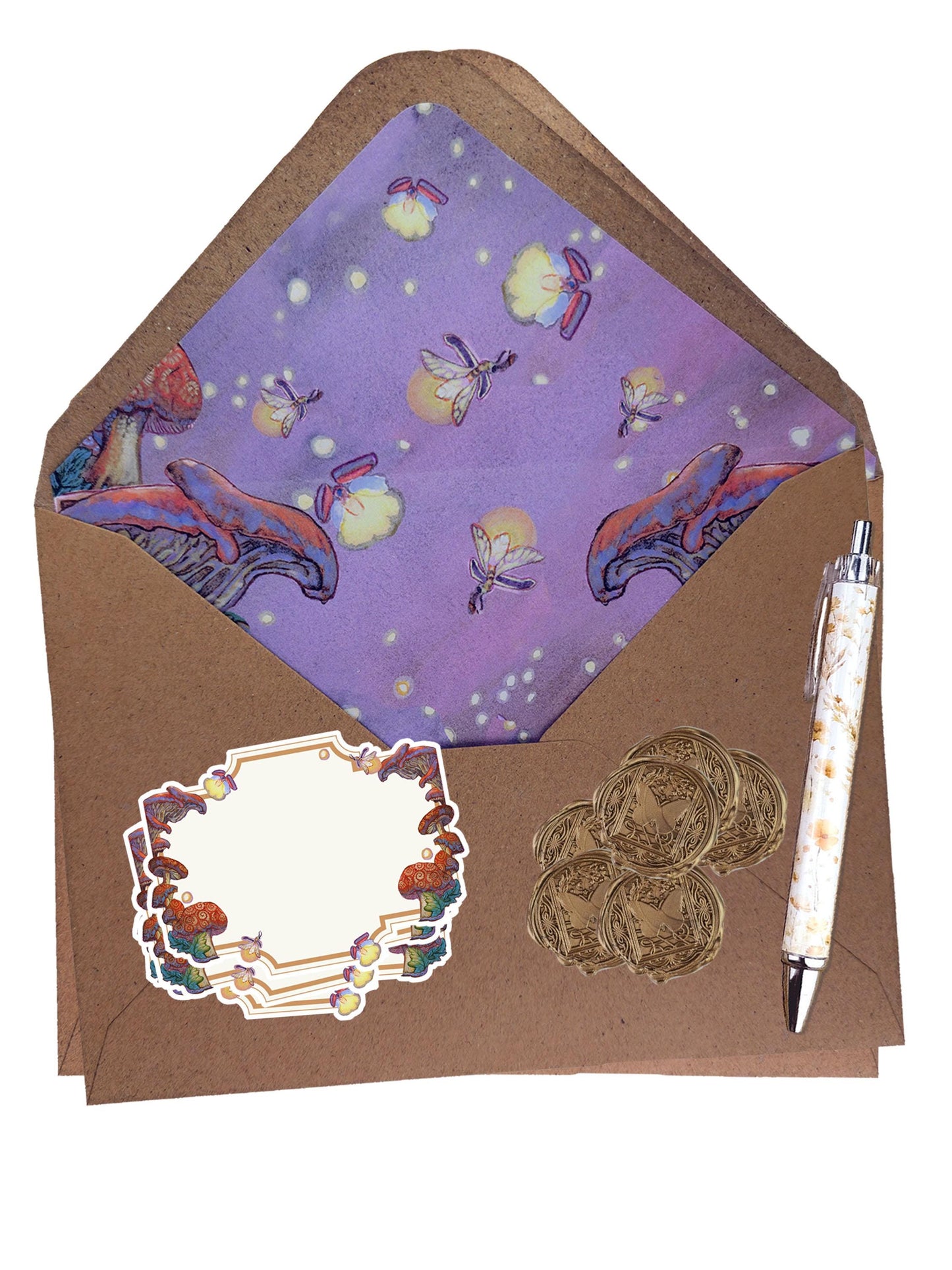 Whimsical Mushroom Stationery Set - Firefly Study Fairy Snail Cottagecore Writing Kit